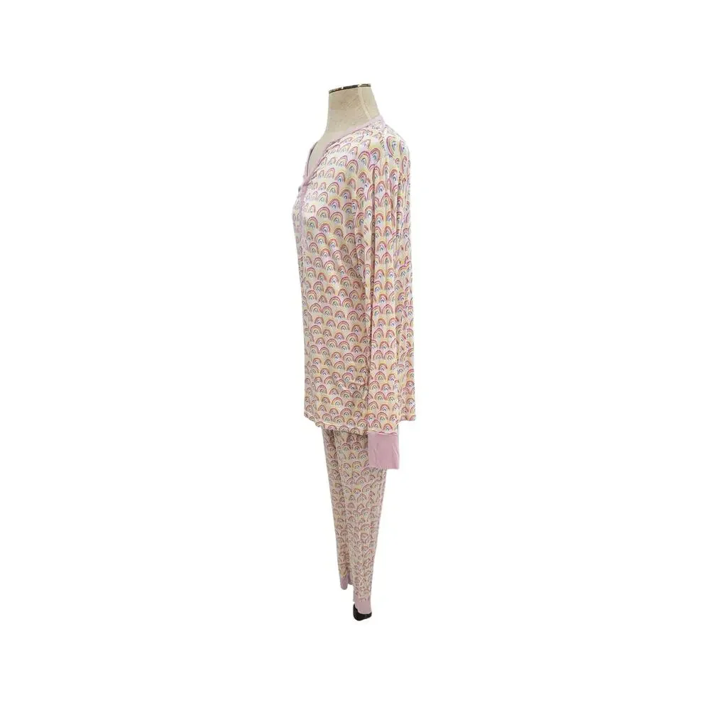 Little Sleepies Pastel Rainbows Bamboo Two Piece Pajama Set Pink Women's Large